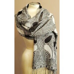 Vintage Scarf Wrap Shawl Rectangle Black Gray Paisley 26x70" Fringe Reversible
